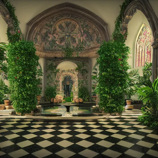 Image similar to cathedral interior with koi pond in the middle surrounded by palm trees, ivy, flowers, tropical plants, roses, and with archways. rendered in octane render with photorealistic lighting