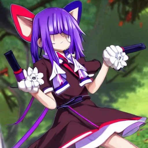 Image similar to Reisen Udongein Inaba, Touhou project, is wearing a white blouse with short sleeves, a red belt, and a blue skirt, Red eyes, long light purple hair, long rabbit ears, Wearing a white blouse, a purple skirt and a red tie, a carrot-shaped clip on the tie