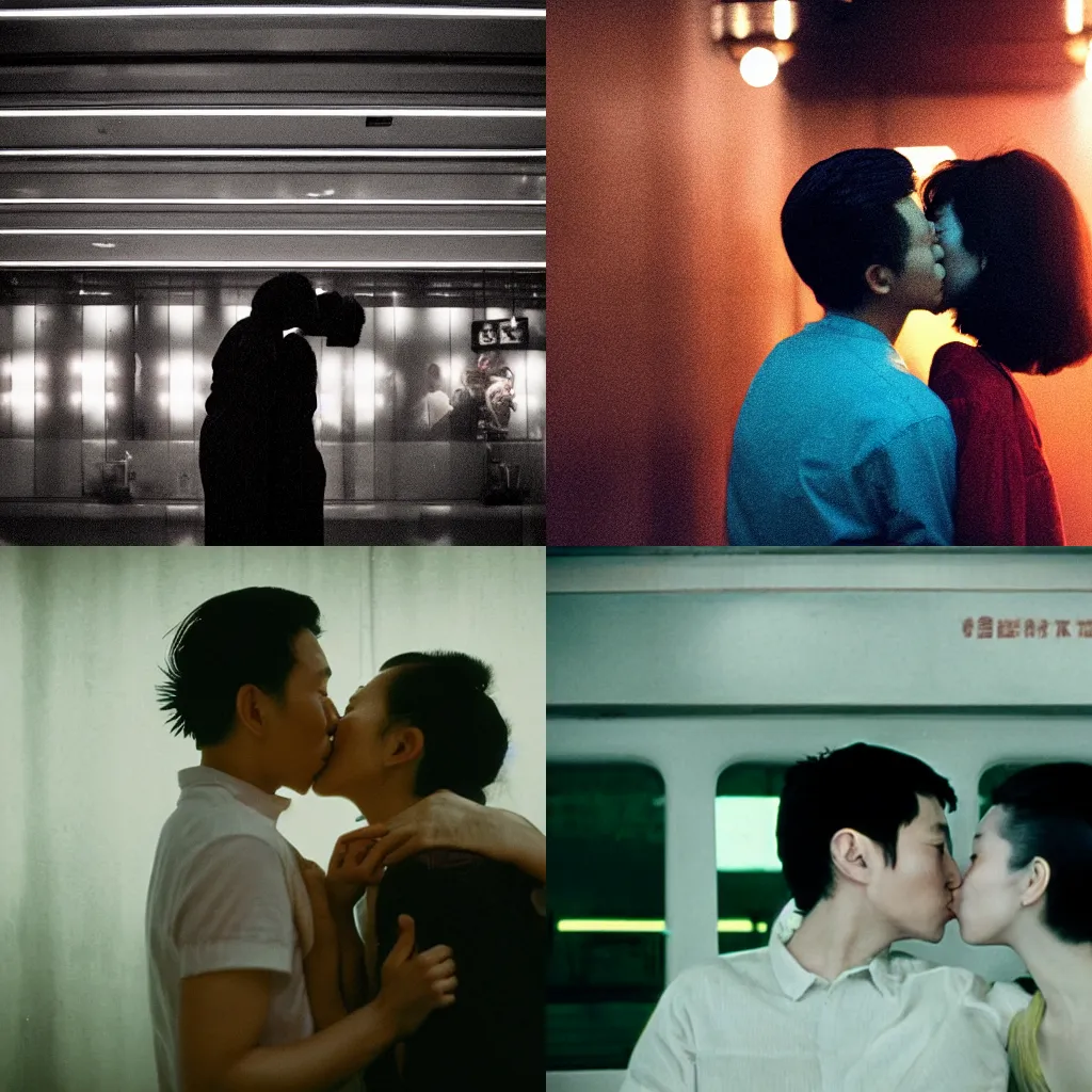 Prompt: two people kissing in the style of a Wong Kar-wai movie