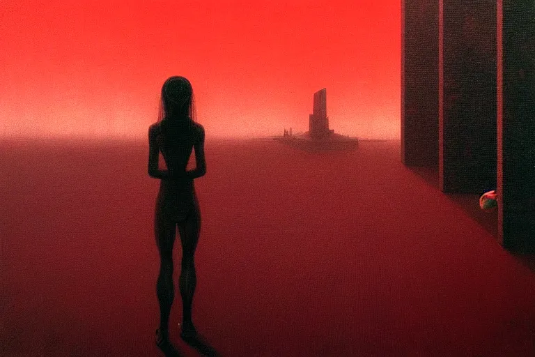 Prompt: only with red, red gif of death eat apple, a futuristic city in the background, an ancient path, in the style of beksinski, part by hopper, part by rodcenko, part by hofbauer, intricate composition, red by caravaggio, insanely quality, highly detailed, masterpiece, red light, artstation, 8 k