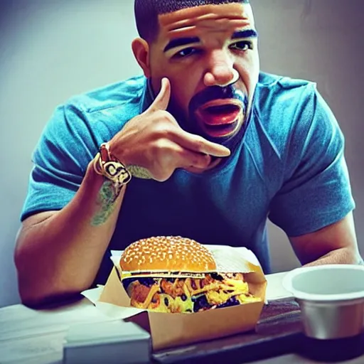 Image similar to rapper drake eating fast food photo taken by a fan, photorealistic, dynamic light, iphone 1 3, studio, ultra detailed