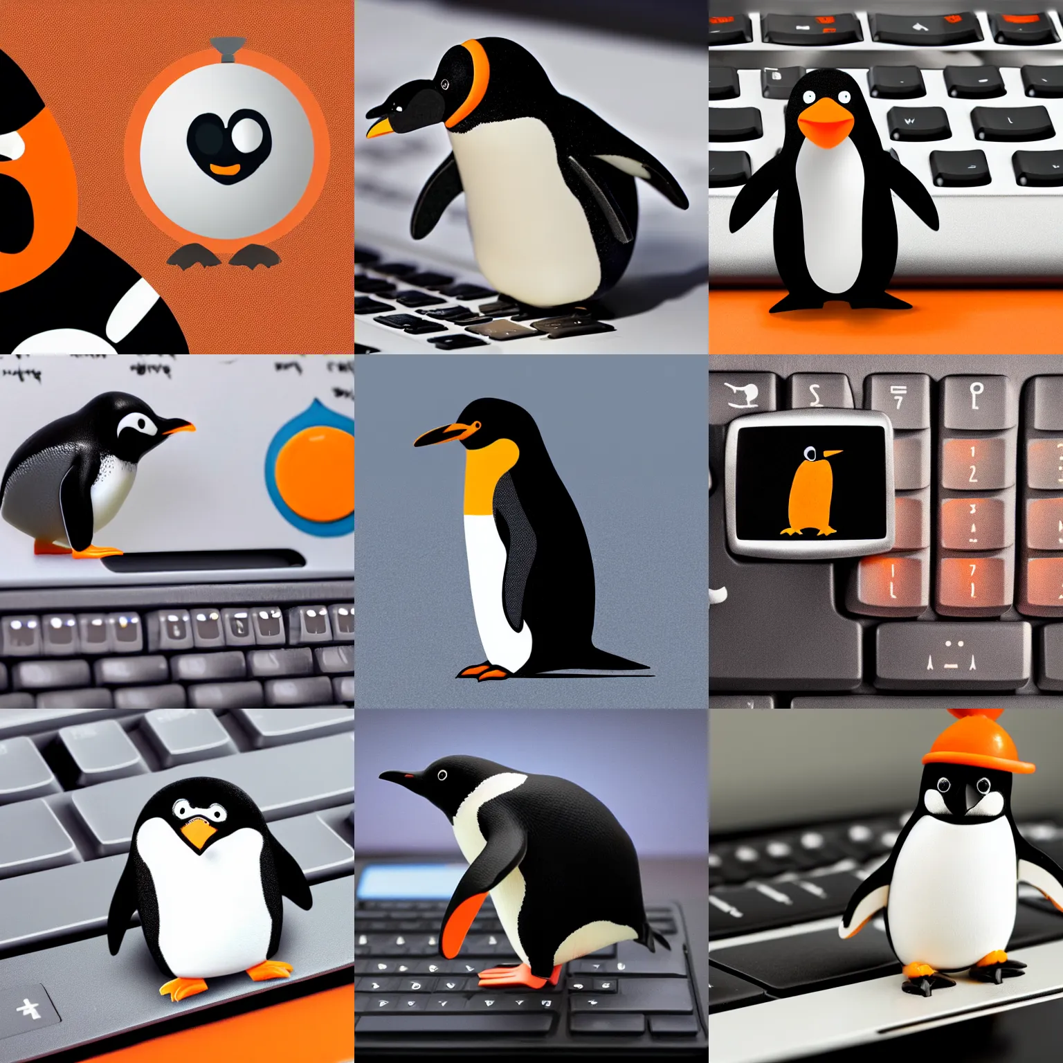 Prompt: a penguin with an orange cane walking on a computer keyboard