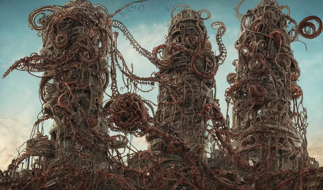 Image similar to lovecraftian biomechanical machine-tower with fleshy tendrils and eyeball at top overlooking dystopian wasteland, highly detailed, colorful with red hues