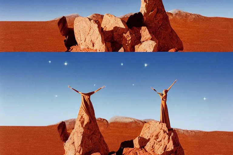 Image similar to levitating bene gesserit priest with full - face golden mask and glowing eyes in a dry rocky desert landscape, visible sky and sunny atmosphere, fata morgana giant mirrors, black star in the sky by alejandro jodorowsky and christopher doyle, anamorphic lens flares, kodakchrome, cinematic composition, practical effects, 8 k,