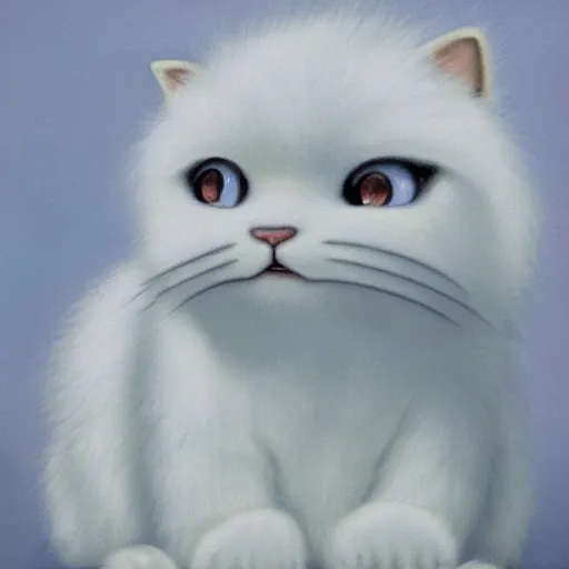 Image similar to oil painting of cute curly fluffy white furred creature, by Hayao Miyazaki