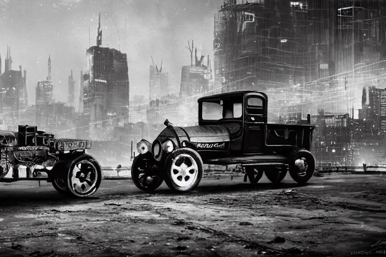 Image similar to cyberpunk 1 9 0 8 model ford t by paul lehr, metropolis, parked by view over city, vintage film photo, robotic, black and white photo