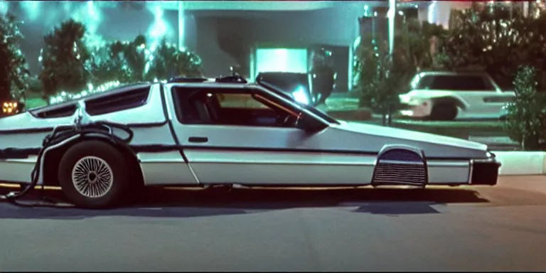 Image similar to Photorealistic close up cinematography of the rear of a the Back To The Future Time Machine reversing down a ramp out of Doc Browns Van at night + filmed on location at at the Twin Pines mall By “Back To The Future” Cinematographer Dean Cundey at night 5