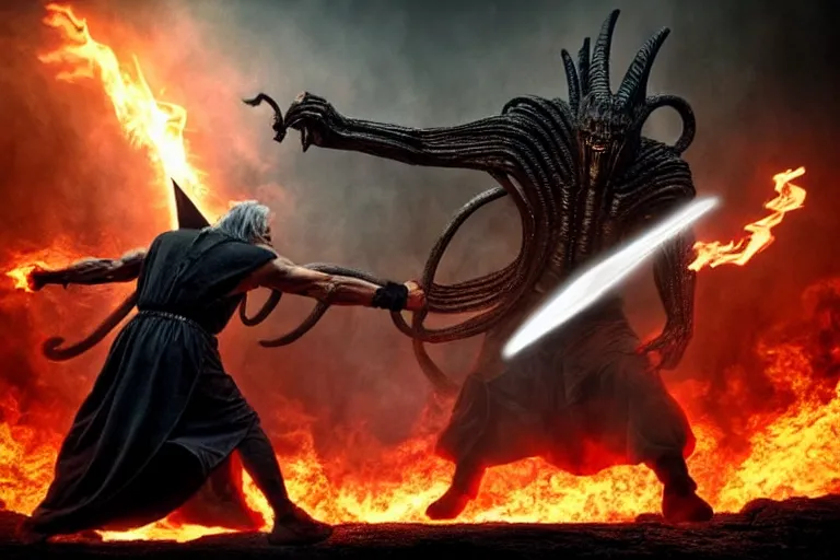 Image similar to movie still, balrog fighting gandalf at the bridge of khazad - dum, style of h. r. giger, fiery, dark, realistic movie still, cinematic, cgi,