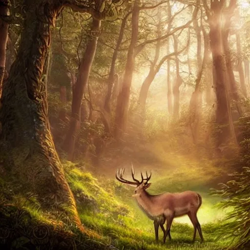 Image similar to beautiful hyper realistic elven, celestial highly detailed stag, in a beautiful highly detailed forest background. sunlight rays throught the trees. fantasy art, concept art 8 k rendering.