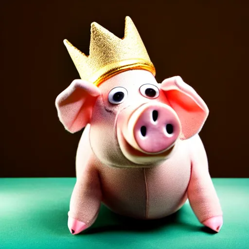 Image similar to studio photograph of a pig wearing a gold crown depicted as a muppet fighting stance