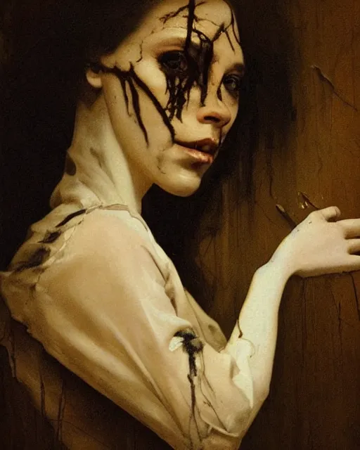 Prompt: a beautiful and eerie baroque painting of a beautiful but creepy girl in layers of fear, with haunted eyes and dark hair piled on her head, 1 9 7 0 s, seventies, wallpaper, a little blood, morning light showing injuries, delicate embellishments, painterly, offset printing technique, by brom, moebius, robert henri, walter popp