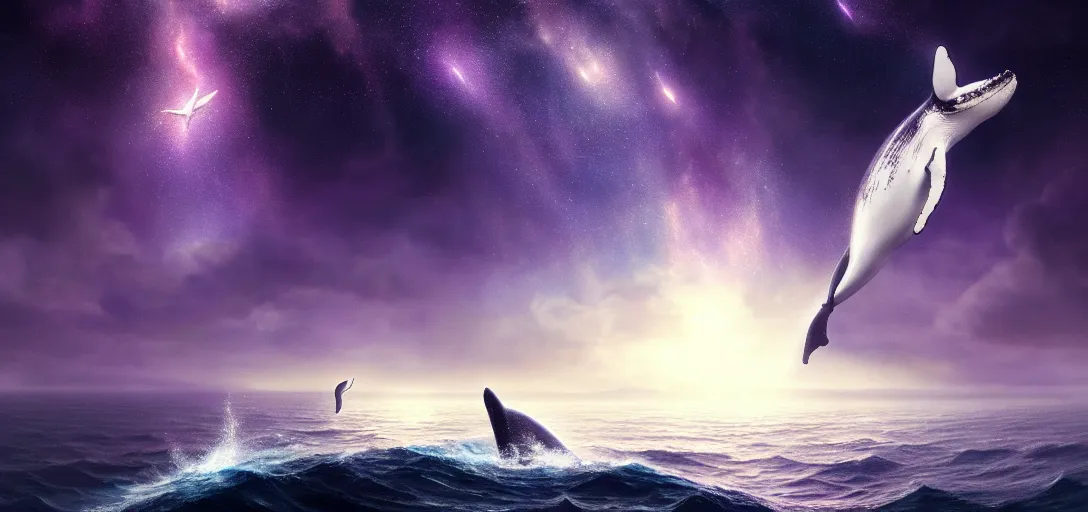 Image similar to a wide angle shot of a lonely whale flying in the sky, sea underneath, cosmic starry sky, concept art, trending on artstation, purple theme by andreas achenbach, artgerm, mikko lagerstedt, zack snyder, tokujin yoshioka