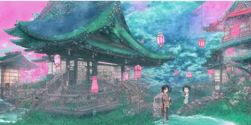 Image similar to bathhouse and nature, japanese, lanterns. watercolor art, expansive cinematic view, volumetric shading, intricate and detailed, highly saturated colors. breath of the wild style, by hayao miyazaki ghibli!!!. pastel!! pink!! accents. trending on artstation. award winning