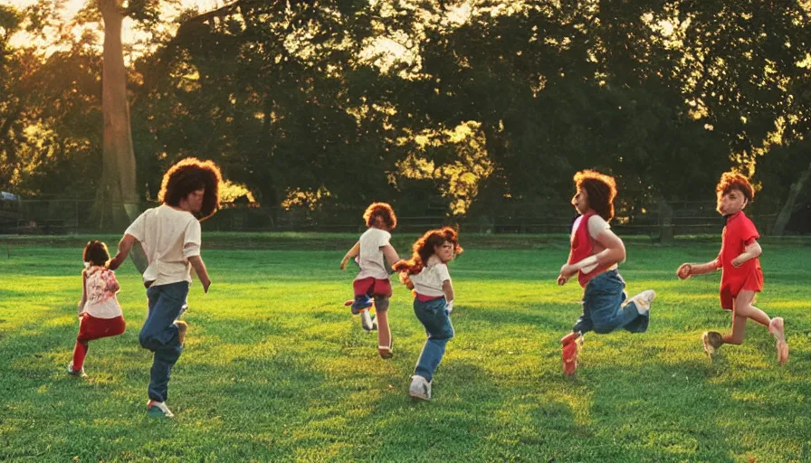 Prompt: 1990s candid photo of a beautiful day at the park, families playing, cinematic lighting, cinematic look, golden hour, kids being chased by large personified fruit creatures , Enormous fruit people, UHD