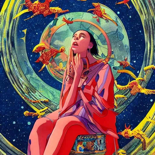 Image similar to closeup : billie eilish as the empress of the universe sits on stellar throne. illustration by james jean and satoshi kon and erik jones, inspired by evangelion, smooth feature, intricate oil painting, high detail illustration, sharp high detail