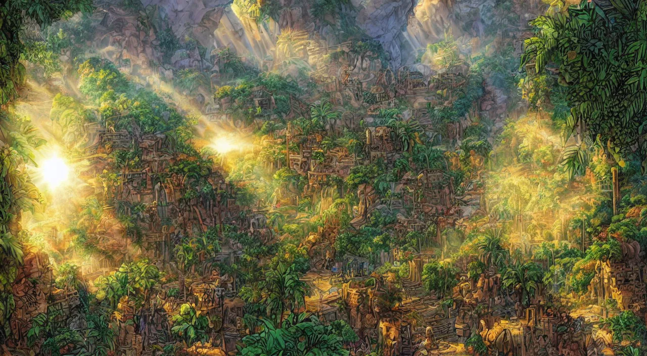 Image similar to marketplace fabric jungle dirt wall fortress a spectacular view cinematic rays of sunlight comic book illustration, by john kirby