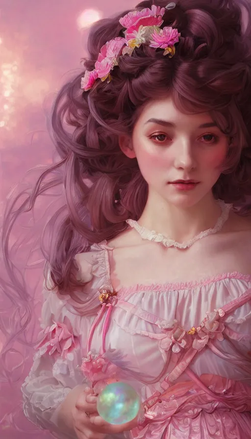 Prompt: portrait of magical lolita girl, dreamy and ethereal, pink, peaceful expression, ornate frilly dress, fantasy, intricate, elegant, rainbow bubbles, highly detailed, digital painting, artstation, concept art, smooth, sharp focus, illustration, art by artgerm and greg rutkowski and alphonse mucha