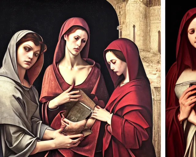 Image similar to photography of the three marys at the sepulchre, deep focus, biblical painting, illustration, art by artgerm and greg rutkowski and caravaggio