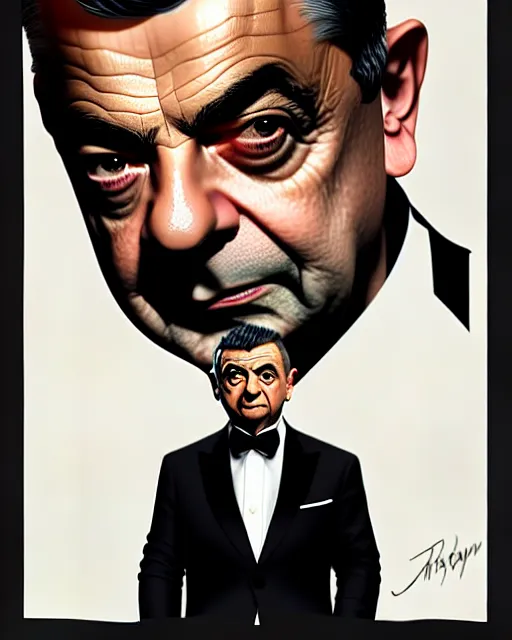 Prompt: rowan atkinson as james bond, suave looking, fine details, realistic shaded lighting poster by greg rutkowski, magali villeneuve, artgerm, jeremy lipkin and michael garmash and rob rey