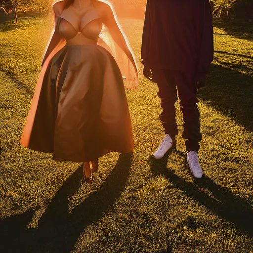 Prompt: Kanye West and Kim Kardashian in the middle of a garden, vintage camera, dreamy, atmospheric, golden hour, cinematic lighting, 8K concept art