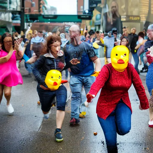 Image similar to rubber duck zombies chasing terrified people, photography