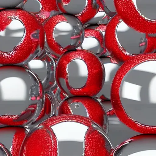 Prompt: chrome spheres on a red cube, shallow focus