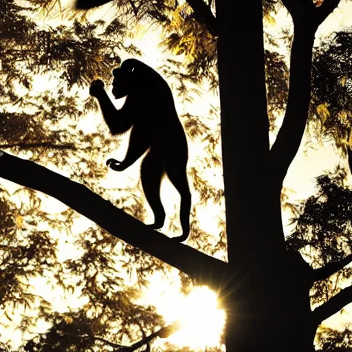 Prompt: rim light around fur of an ape on a tree, silhoutte, dim light, golden hour, tree top, dslr award winning photo, nikon