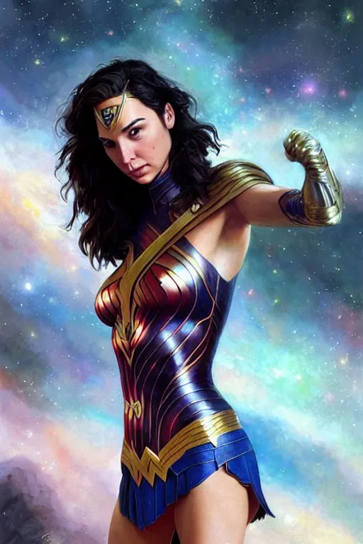 Prompt: Gal Gadot floating in the Cosmos, anatomy, only two hands, highly detailed, digital painting, artstation, concept art, smooth, sharp focus, illustration, Unreal Engine 5, 8K, art by art by artgerm and greg rutkowski and edgar maxence