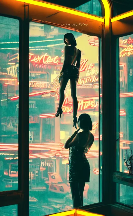 Image similar to vertical movie frame portrait of girl in 6 0's retro restaurant interior, neon - decorated urban on night in the city seen through the window, modern interior design, architectural design, vintage, night blade runner, dark, postapocalyptic, clean lines, 4 k, octane, asian futuristic city at distance, big windows, octane, wide angle
