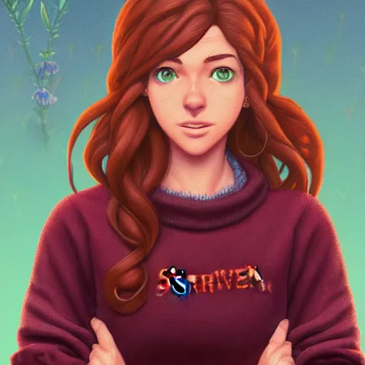 Prompt: an insanely detailed realistic depiction of beautiful jodi from stardew valley wearing burgundy sweater and denim jeans, auburn hair, pretty brown eyes, in the style of peter mohrbacher, artgerm, dramatic lighting and composition, octane render, trending on artstation, concept art 8 k