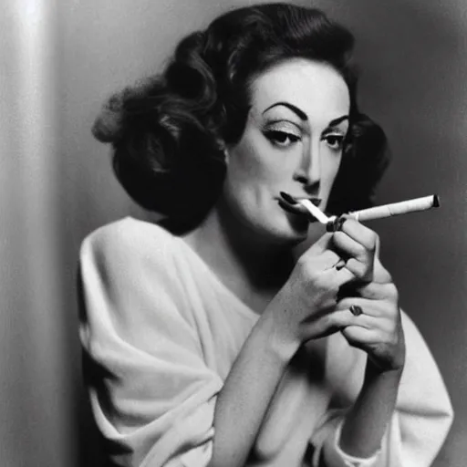 Prompt: joan crawford smoking a joint or cigarette, photo journalism