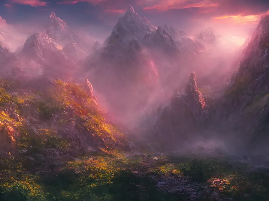 Prompt: mountain in sunset, last light, super detailed misty mood, waterfall cascades, mattepainting, otherworldly, wide angle, very detailed, god rays, artstation, 4k