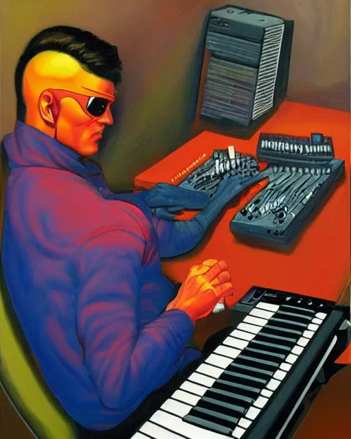 Image similar to cyclops (from x-men) finger drumming on an Akai MPC 2000XL, painting by Toni Toscani, oil on canvas