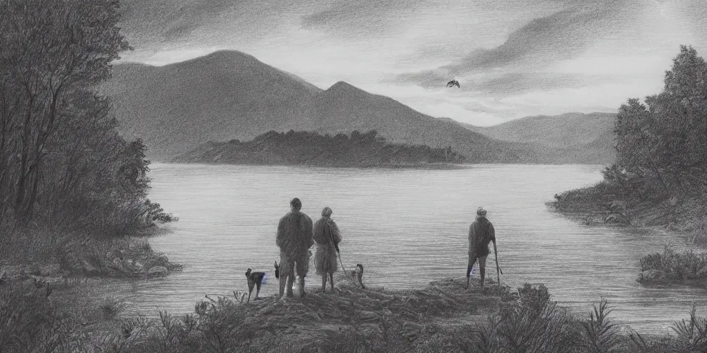 Prompt: A majestic landscape featuring a river, mountains and a forest. A group of birds is flying in the sky. There is an old man with a dog standing next to him. The man is wearing a backpack. They are both staring at the sunset. Cinematic, very beautiful, pencil drawing