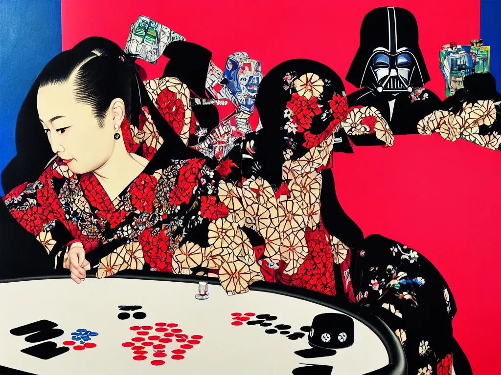 Image similar to hyperrealism composition of the detailed woman in a japanese kimono sitting at an extremely detailed poker table with darth vader, shiba inu, fireworks on the background, pop - art style, jacky tsai style, andy warhol style, acrylic on canvas