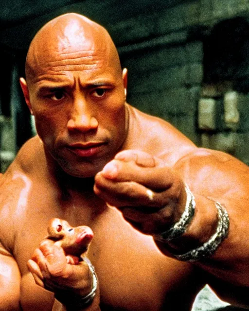 Image similar to film still close - up shot of dwayne johnson as john coffey petting a mouse in the movie the green mile. photographic, photography