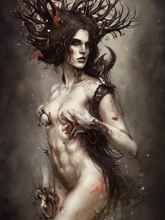 Image similar to a splatterpunk portrait of a gorgeous centaur with ebony antlers and sepia-toned fur, hyperrealistic, award-winning, in the style of Tom Bagshaw, Cedric Peyravernay, Peter Mohrbacher