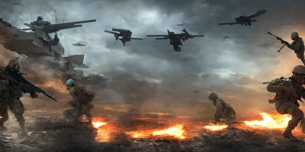 Image similar to concept art, world war iii, war scenes, super wide - angle, uav, soldiers'remote command, special forces'launching kinetic energy weapons, launching tracking missiles, armor piercing missiles, drag light bombs, backlight, cyberpunk, call of duty, future war, smooth lines, high detail, 8 k, octane rendering, unreal engine.