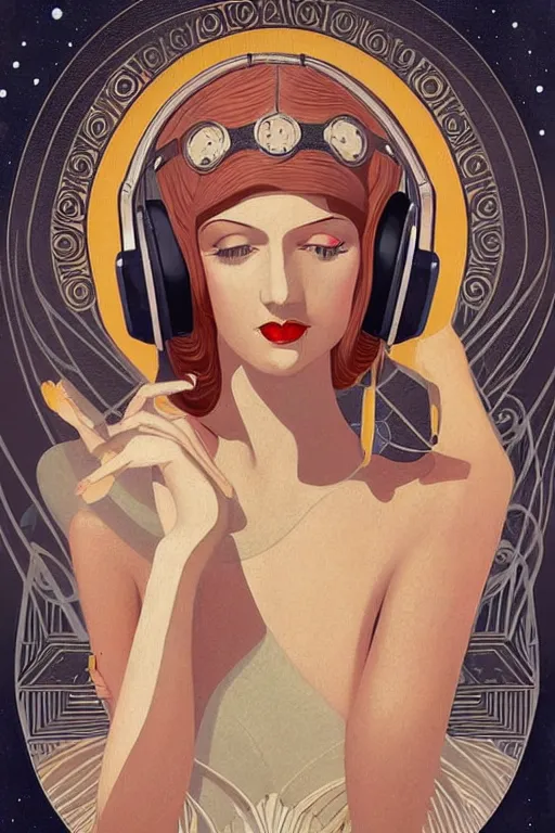 Prompt: intricate, amazing, art deco, retro vintage and romanticism, painting by march hares, soft color palette, highly detailed, godess with headphones from space sci - fi of ancient religion