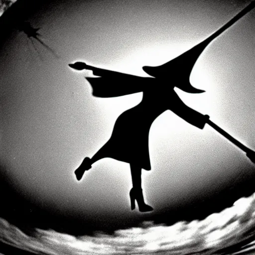 Image similar to pinhole camera photo of a witch flying on a broomstick