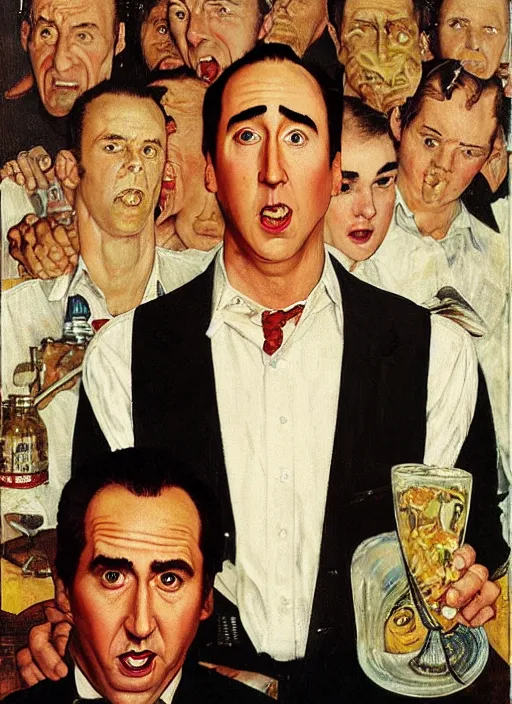 Prompt: full body and head portrait of nicholas cage looking confused about crazy evil in a restaurant, painted by norman rockwell and tom lovell and frank schoonover