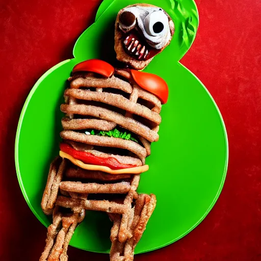 Image similar to a humanoid bipedal upright zombie that strongly resembles a hamburger, professional food photography