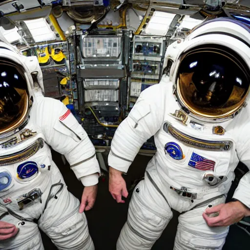 Image similar to two astronauts looking down at the camera, fish-eye lens, 15mm