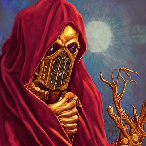 Prompt: the veiled arcanist prophet as a man with a golden cultist mask in bloodsoaked land by greg rutowski