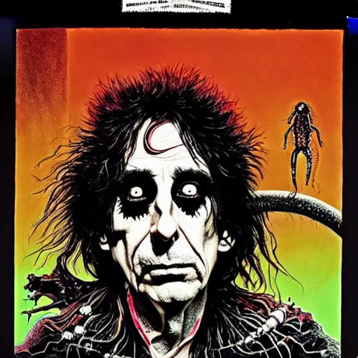 Image similar to graphic illustration, creative design, alice cooper, biopunk, by ralph steadman, francis bacon, hunter s thompson, highly detailed