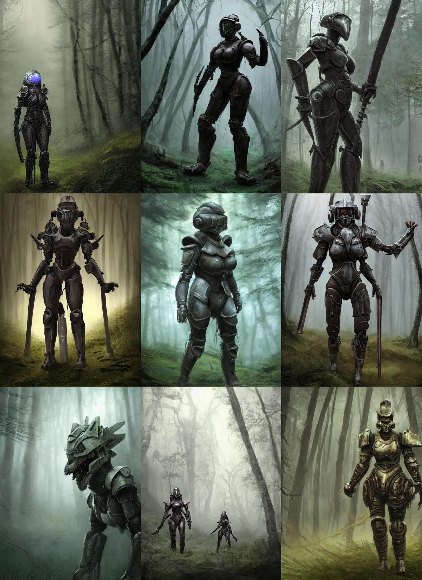 Prompt: a matte painting of a helmeted female warrior wearing battle worn power armor wielding twin swords walking in the forest plains of north yorkshire, misty forest, monstrous snake creature in the mist, good value control, concept art, digital painting, sharp focus, symmetrical, segmented armor, single character full body, 4k, illustration, glowing eyes, rule of thirds, centered, moody colors, moody lighting, atmospheric