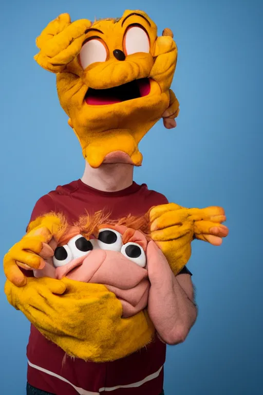 Image similar to portrait of Jacksfilms dressed in Garfield costume, starring in live-action adaptation of the comics, cosplay portrait photograph,