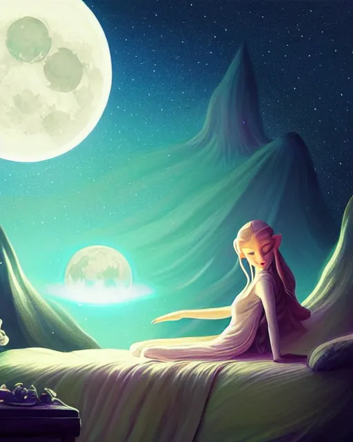 Image similar to beautiful painting of a elven sleeping on her bed with a smiling moon over her, space art, sense of awe, art by mike winkelmann, ross tran, sky night, illustration, highly detailed, simple, smooth and clean vector curves, no jagged lines, vector art, smooth, artstation