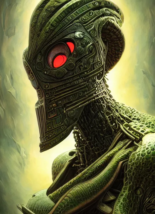 Prompt: cybernetic dj mf doom reptile eyes, metal colorful skin. intricate, elegant, highly detailed, centered, digital painting, artstation, concept art, smooth, sharp focus, illustration, artgerm, tomasz alen kopera, peter mohrbacher, donato giancola, joseph christian leyendecker, wlop, frank frazetta
