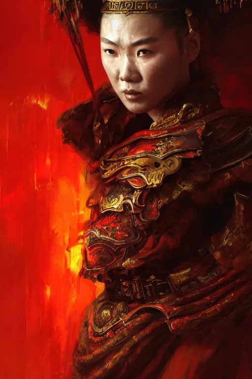 Image similar to chinese warrior, portrait, fierce, intricate, elegant, red volumetric lighting, digital painting, highly detailed, artstation, sharp focus, illustration, concept art, ruan jia, steve mccurry